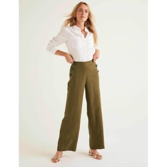 Boden Pants - Boden Falmouth 100% Linen Green Trousers Wide Leg Size 8 Long